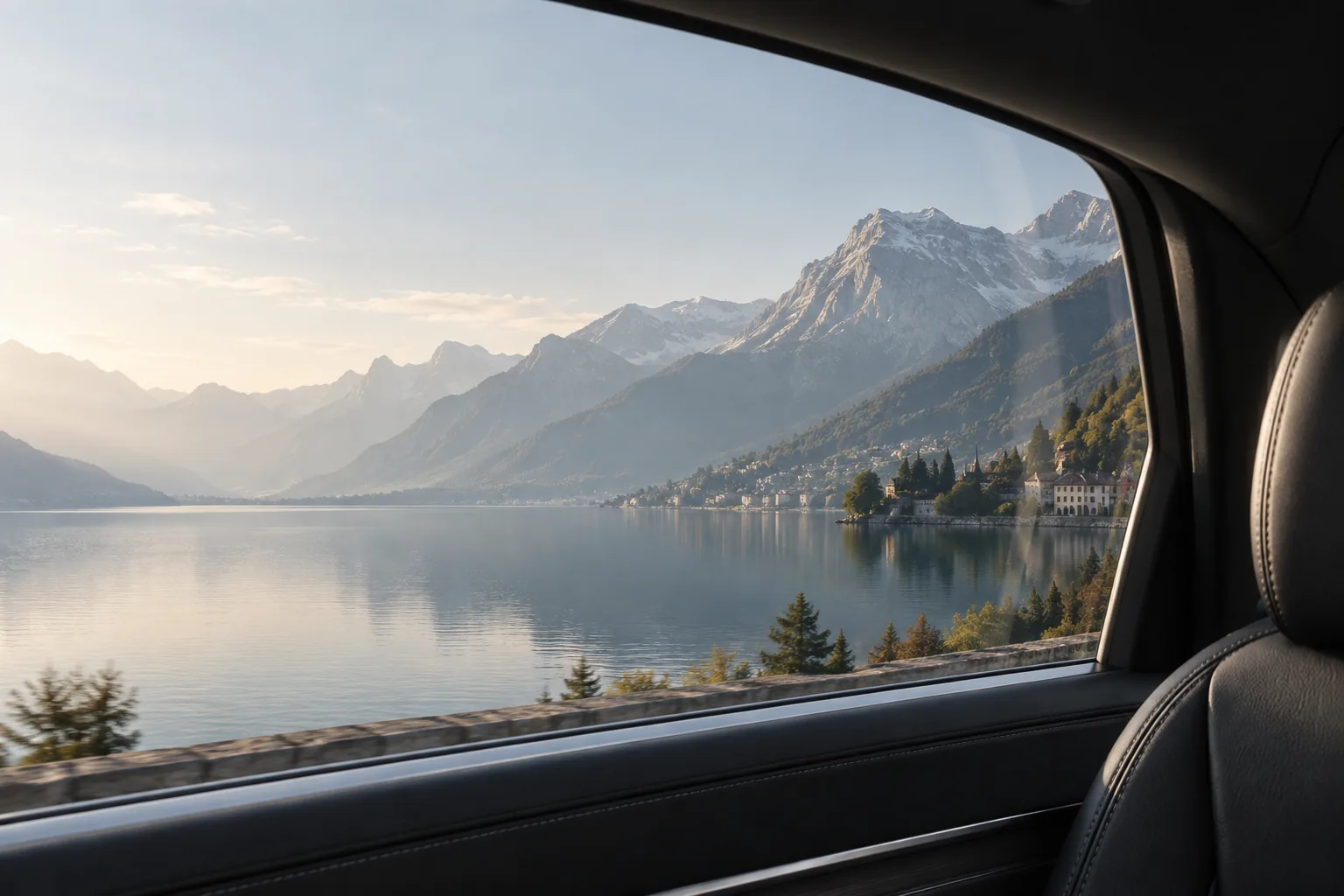 An alpine landscape seen through a vehicle window, in an editorial illustration.
